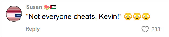 Comment reading Not everyone cheats Kevin with surprised face emojis, depicting a furious wife confronting husband's infidelity mid-flight.