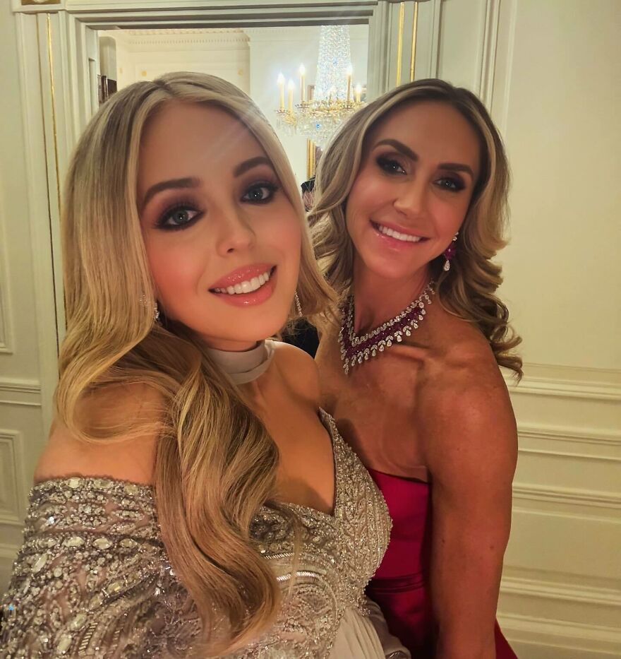 Lara Trump posing with a friend indoors, both dressed elegantly, highlighting Lara Trump before and after photos.