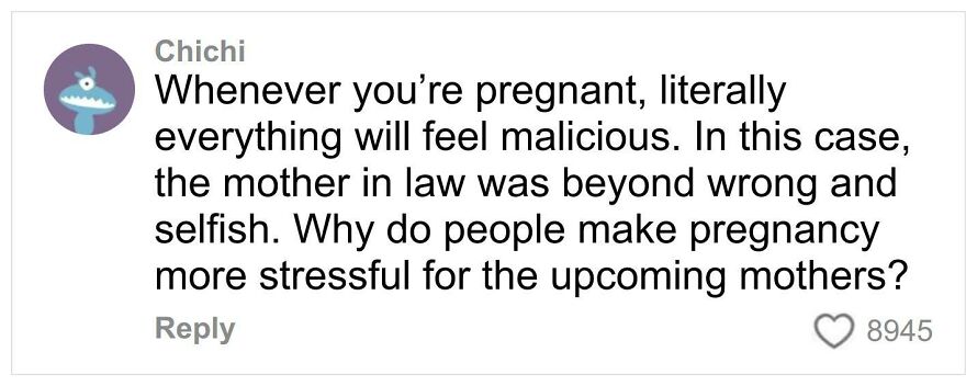 Comment criticizing ex-mother-in-law for ruining woman&rsquo;s gender reveal, highlighting pregnancy stress and selfish behavior.