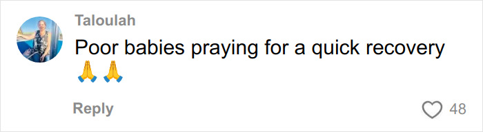 Comment saying poor babies praying for quick recovery with two folded hands emojis on social media post about heartmelting gesture by hospital for sisters needing surgery