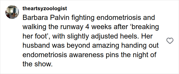 Comment about Victoria&rsquo;s Secret model Barbara Palvin discussing her battle with endometriosis and runway appearance after injury.