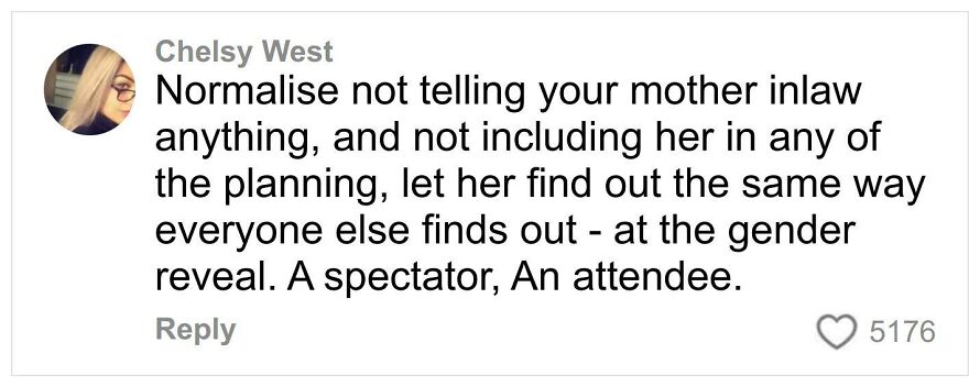 Social media comment by woman slamming her ex-mother-in-law for ruining her gender reveal event.