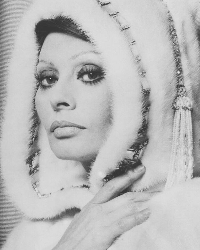 Sophia Loren wearing a luxurious fur hood, showcasing Italian beauty and classic Hollywood glamour in a black and white portrait.