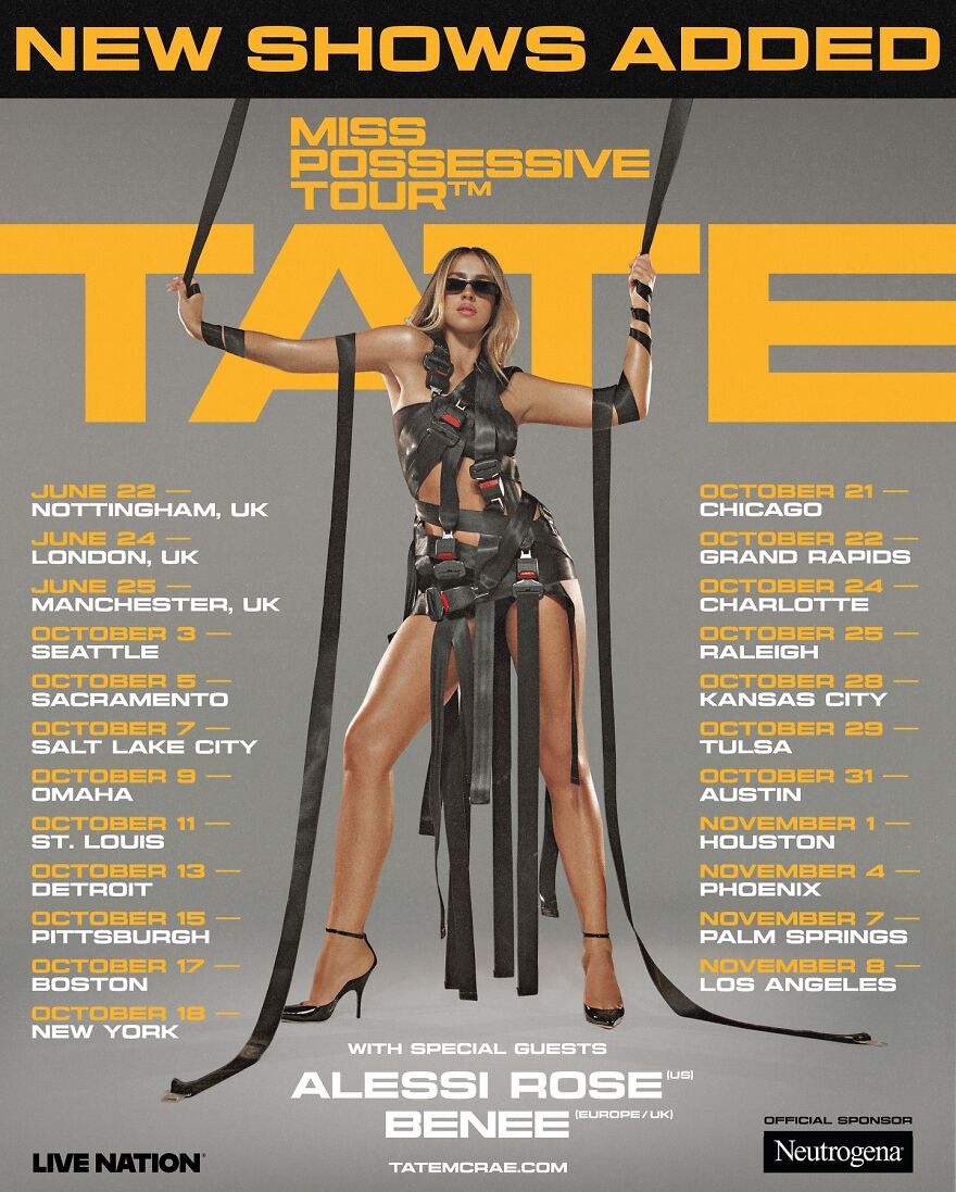 Tate Mcrae posing in black outfit with tour dates list, reflecting Tate Mcrae’s net worth growth on streaming platforms. Tate Mcrae posing in black outfit with tour dates list, reflecting Tate Mcrae’s net worth growth on streaming platforms.