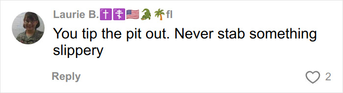 Social media comment warning about the common mistake causing avocado hands injuries leading to ER visits.