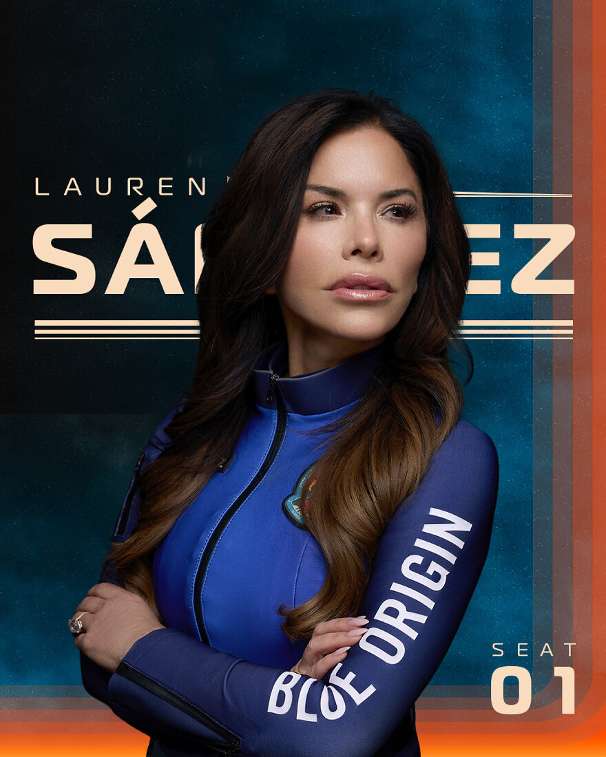 Lauren S&aacute;nchez posing confidently in a Blue Origin suit with her name displayed against a dark blue and orange background.