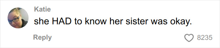 Comment from Katie expressing concern and relief about her sister being okay, reflecting a heartmelting gesture by hospital for sisters needing surgery.