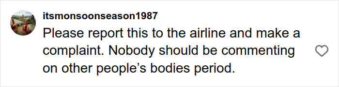 Comment from social media user urging to report fat-shaming incident targeting plus-size model mid-flight.