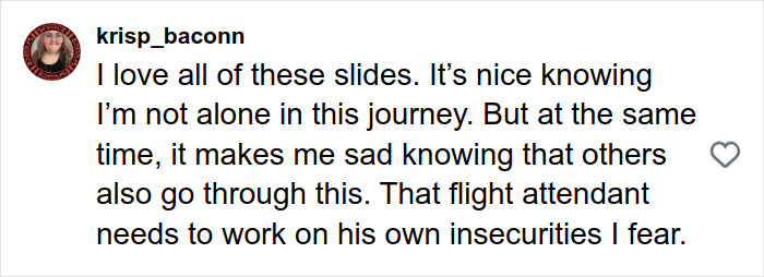 Comment from a plus-size model addressing fat-shaming by a flight attendant and discussing personal journey and insecurities.