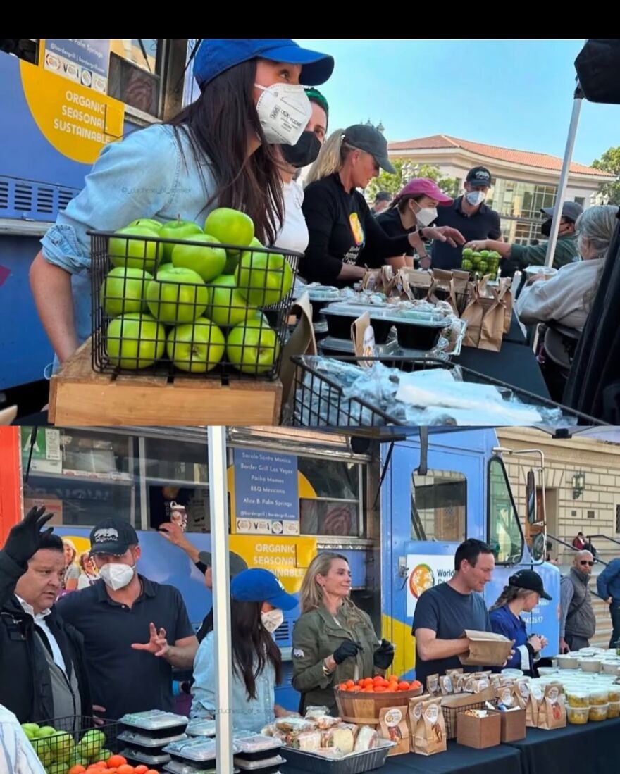 People wearing masks serving fresh produce and meals at an outdoor market event, related to Meghan Markle net worth. People wearing masks serving fresh produce and meals at an outdoor market event, related to Meghan Markle net worth.