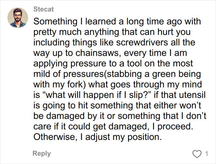 Comment explaining caution when using sharp tools to avoid injury, related to doctor's avocado hands warning.