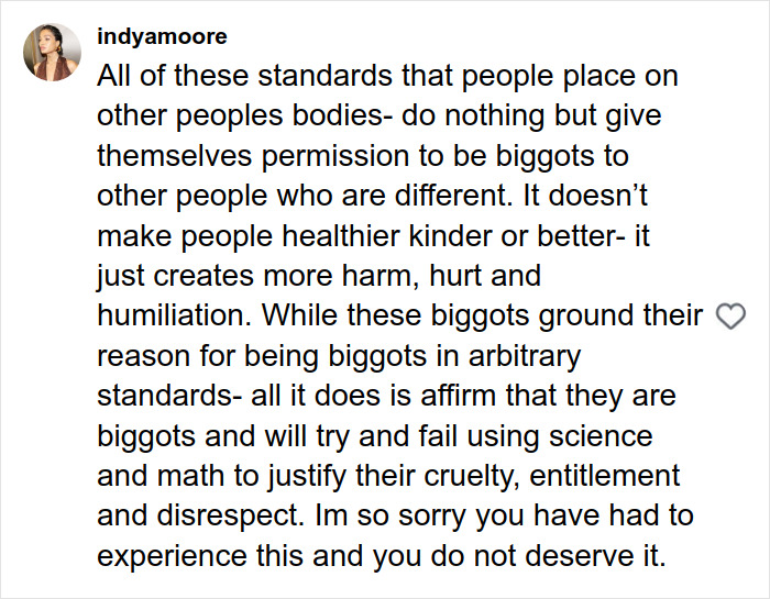 Comment from plus-size model addressing fat-shaming mid-flight by flight attendant, sparking public debate on body standards.