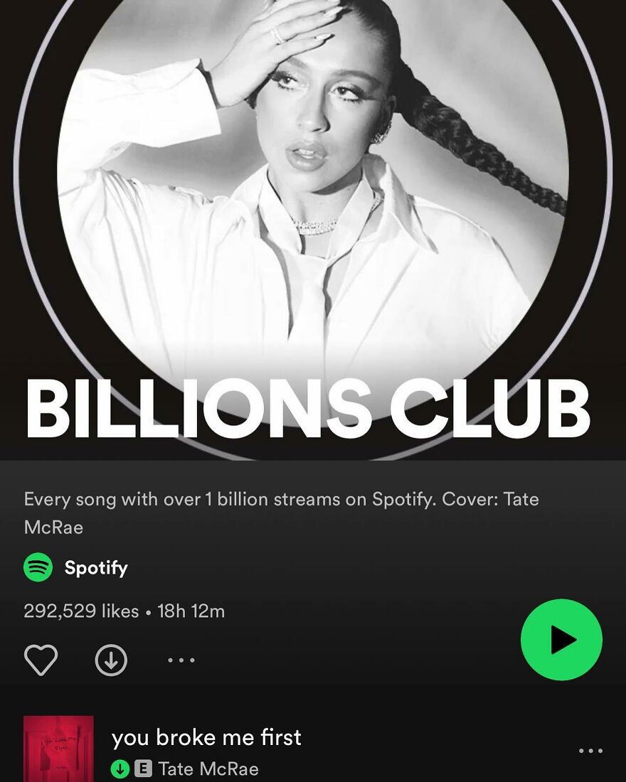 Tate Mcrae featured in Spotify playlist cover celebrating songs with over 1 billion streams boosting net worth. Tate Mcrae featured in Spotify playlist cover celebrating songs with over 1 billion streams boosting net worth.