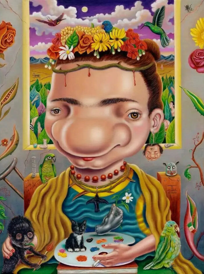Exaggerated portrait of a woman with distorted facial features, colorful flowers, and playful animals in surreal style.