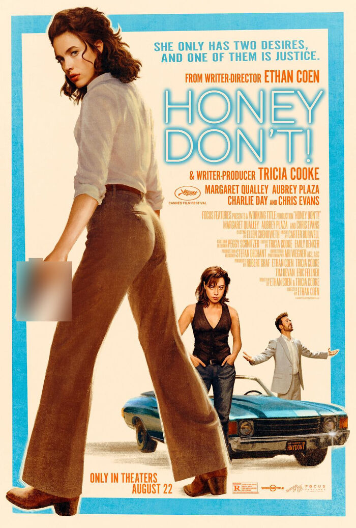 Movie poster for Honey Don't featuring Chris Evans with fans speechless, highlighting jock strap scene and what heaven looks like.