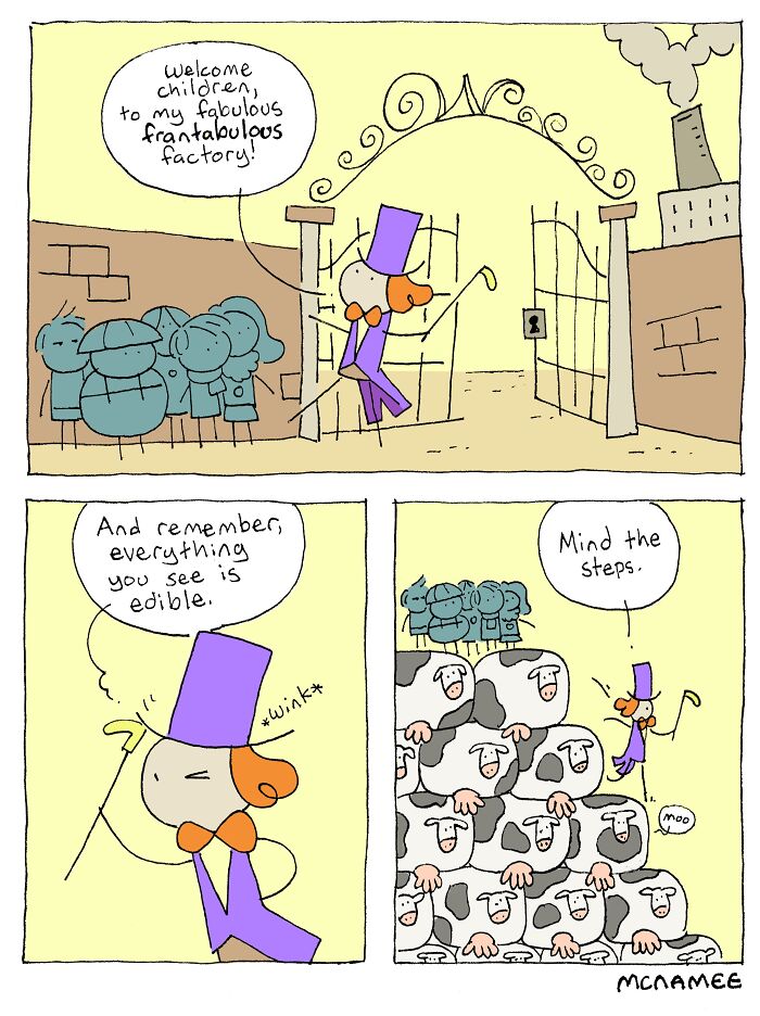 Cartoonist comic shows children visiting a quirky factory with a guide in purple hat in a relatable funny scene.