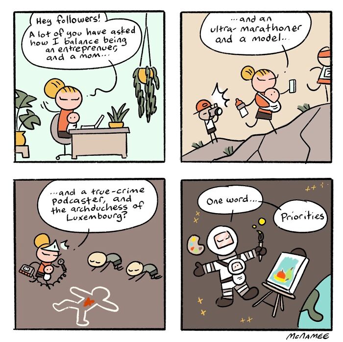 Relatable comic panels show balancing entrepreneurship, motherhood, hobbies, and priorities by New Yorker cartoonist.