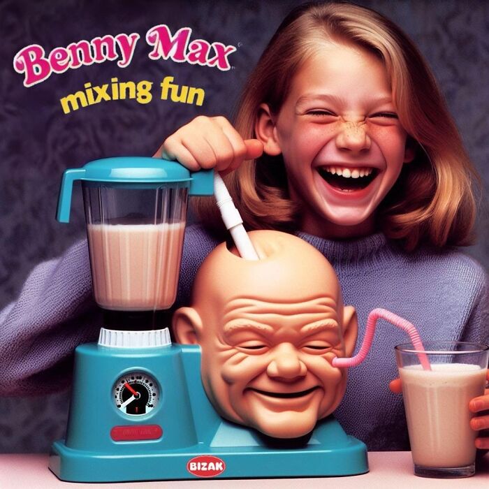 Girl laughing while using a creepy forbidden toy blender with a realistic bald head face and straw to drink a milkshake.