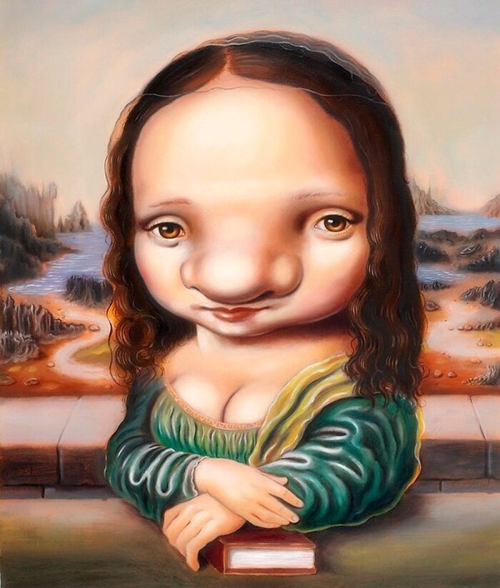 Exaggerated portrait of a woman with oversized facial features and a surreal background, blending absurd and endearing elements.