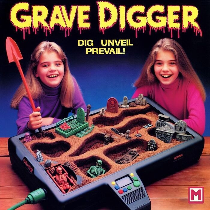 Two girls playing the creepy Forbidden Toys grave digger game with skeletons and tombstones on a dirt-filled board.