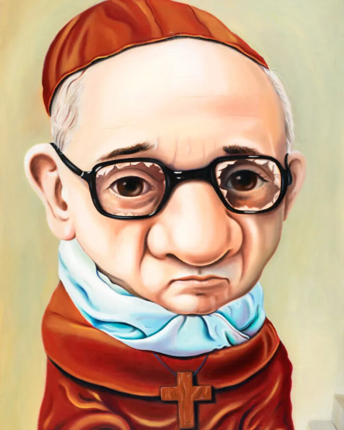 Exaggerated portrait of an elderly man with large glasses and nose, wearing a red hat, scarf, and a cross necklace.