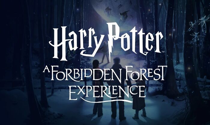 Harry Potter Forbidden Forest Experience logo with silhouettes of three children in a dark, snowy forest setting.