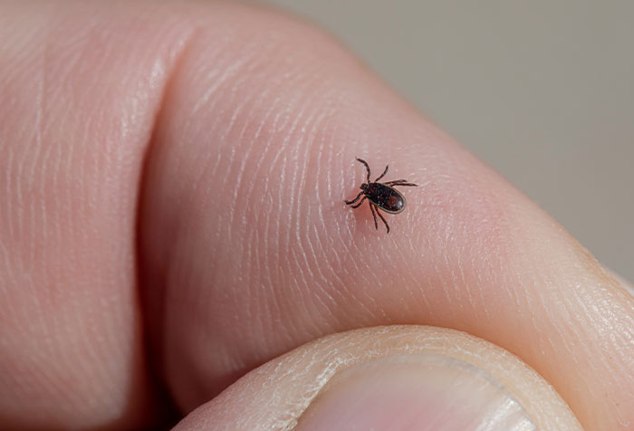 Close-up of a small tick on a finger representing cases when people self-diagnosed accurately despite doctor doubts.