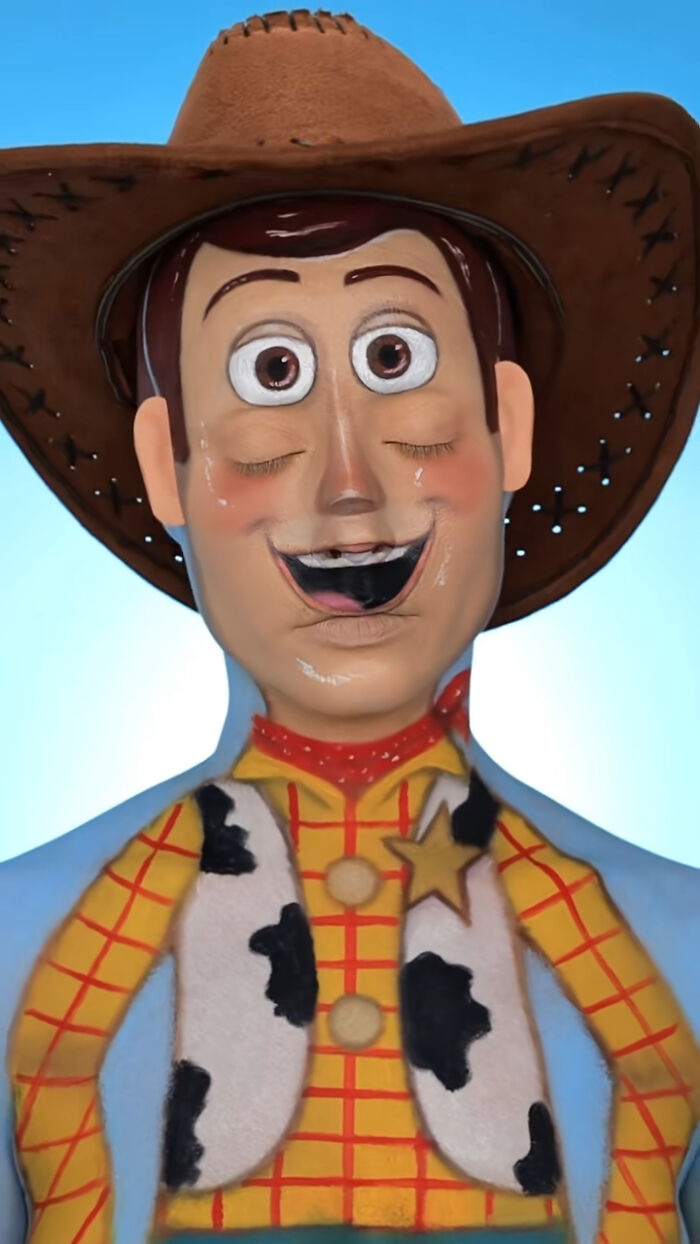 Creative Cliche Halloween makeup transforming a person into a detailed Woody character with cowboy hat and vest.