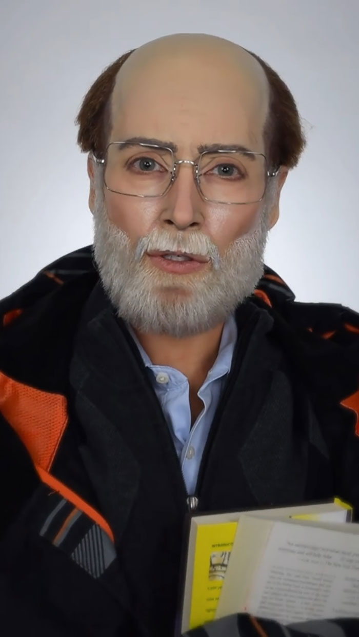 Person with detailed Halloween makeup transforming into an older man with glasses and white beard, showcasing creative Halloween makeup.