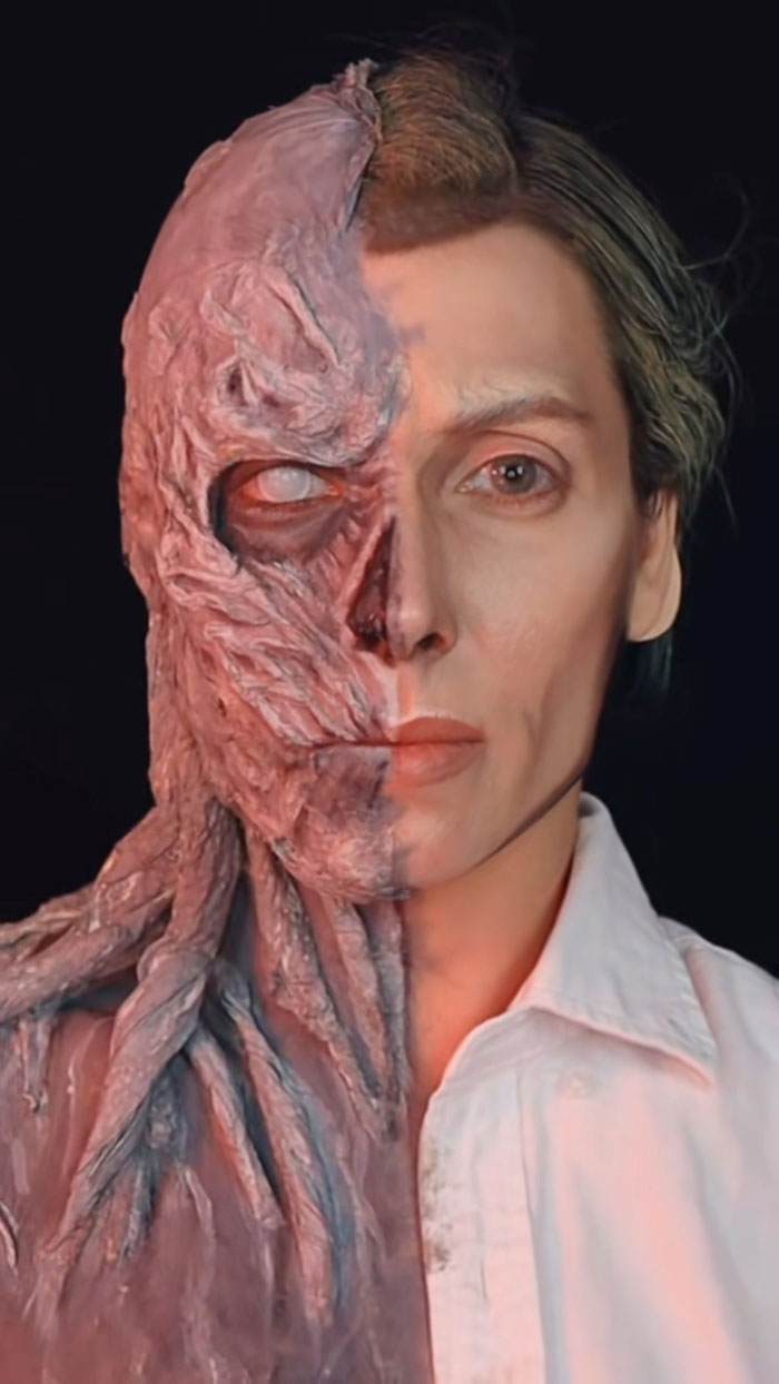 Half face detailed Halloween makeup transforming into a creative cliche monstrous character with realistic texture and effects.