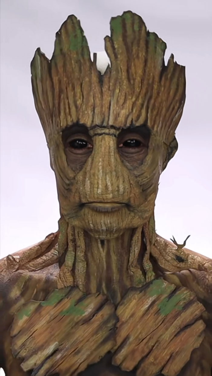 Person with detailed Halloween makeup resembling a wooden tree character, showcasing creative Halloween makeup art.