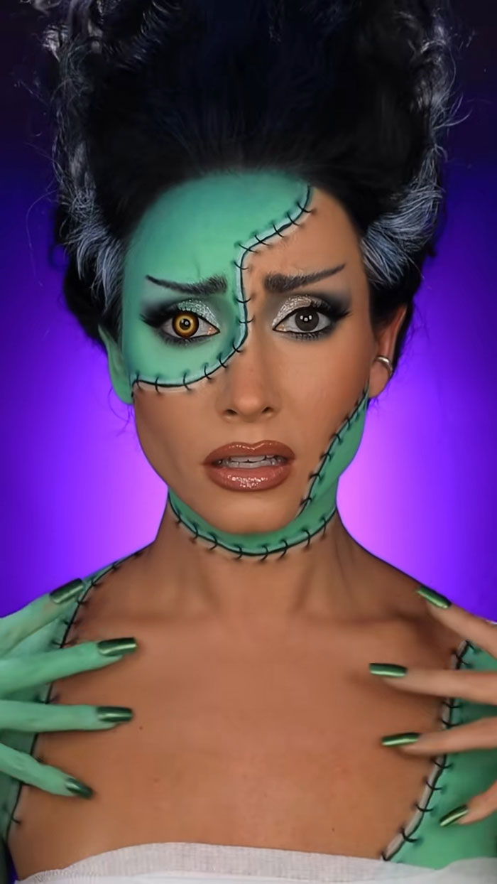 Halloween makeup design with stitched green and natural face paint, creative costume look by artist Creative Cliche.