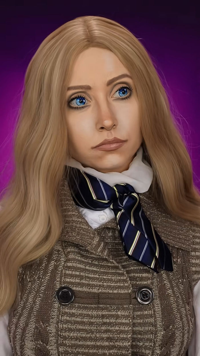 Woman with long blonde hair wearing creative Halloween makeup, a striped scarf, and a textured coat against a purple background