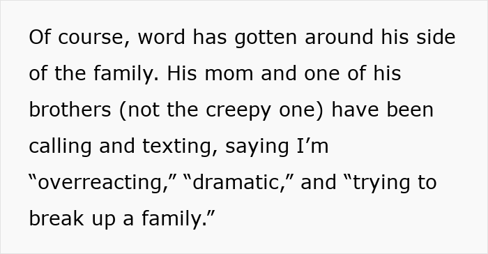 Text excerpt showing family taking creepy BIL's side causing wife to take off her wedding ring in troubled relationship.