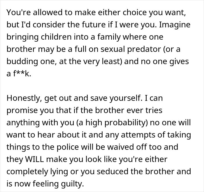 Text excerpt discussing relationship struggles after family sides with creepy brother-in-law, prompting wife to remove wedding ring.