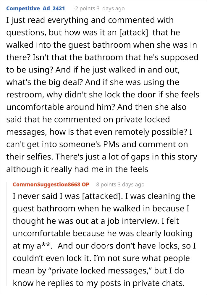 Reddit discussion about uncomfortable guest bathroom incident involving creepy brother-in-law and strained family relationships.