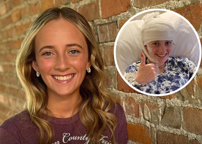 Smiling woman with long hair posing against a brick wall, with an inset of her in a hospital bed giving a thumbs up.