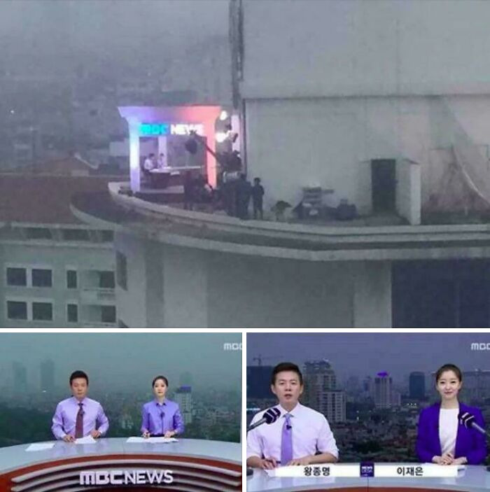 News anchors broadcasting on rooftop with urban cityscape backdrop in fascinating photos showing unique world views.
