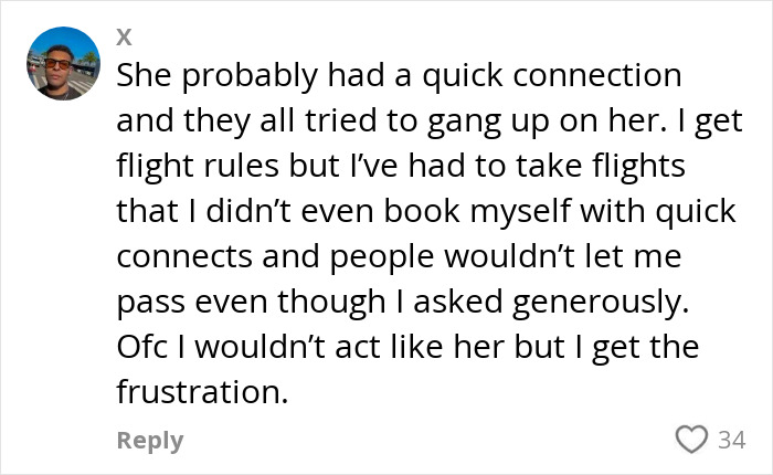 Screenshot of a social media comment discussing passenger frustrations during a heated plane incident involving a Karen. Screenshot of a social media comment discussing passenger frustrations during a heated plane incident involving a Karen.
