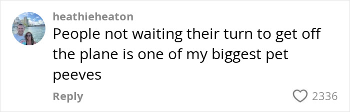 Social media comment about passengers not waiting their turn to get off plane, highlighting passenger conflict keyword. Social media comment about passengers not waiting their turn to get off plane, highlighting passenger conflict keyword.