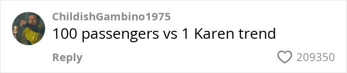 Comment on social media about a Karen locking horns with multiple passengers on a plane in less than a minute. Comment on social media about a Karen locking horns with multiple passengers on a plane in less than a minute.