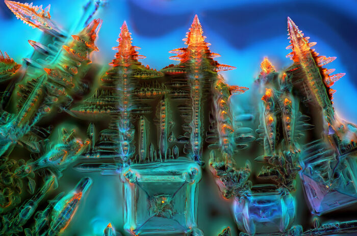 Colorful microscopic crystals with sharp edges captured in a vibrant Nikon Small World photomicrography contest image.