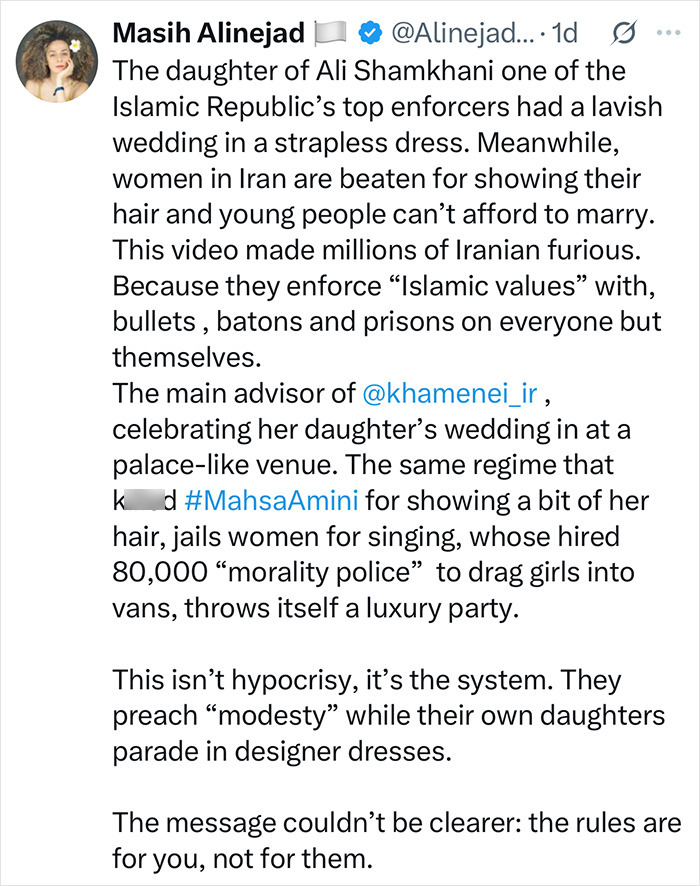 Alt text: Twitter post criticizing risqu&eacute; wedding dress of Iranian politician's daughter amid headscarf surveillance and regime hypocrisy.