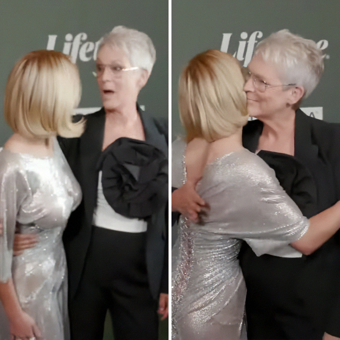 Jamie Lee Curtis and Sydney Sweeney share a moment at an event, sparking online drama with braless look reaction.