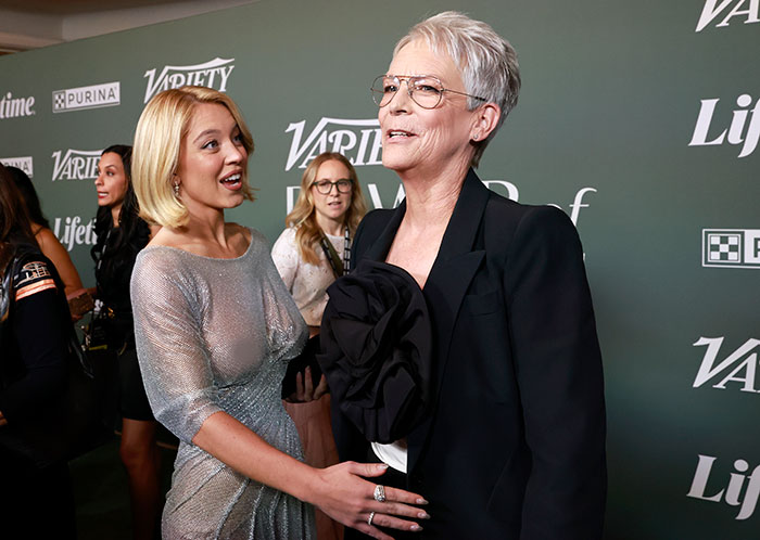 Jamie Lee Curtis reacting to Sydney Sweeney&rsquo;s braless look at a Variety event, sparking online drama.