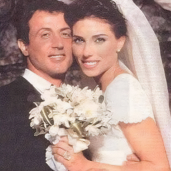 Sylvester Stallone and wife in wedding attire, linked to controversy over trans nepo babies remarks in Hollywood.