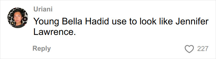 Comment mentioning Bella Hadid and Jennifer Lawrence in a discussion related to plastic surgery plans and viral video reaction.
