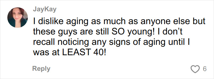 Comment by user JayKay expressing surprise at lack of visible aging signs until age 40, related to Jennifer Lawrence plastic surgery