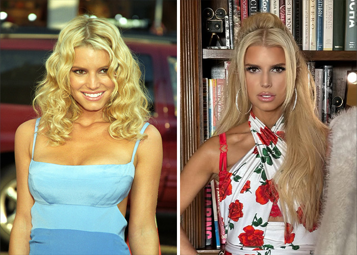 Side-by-side photos of a female star showing jaw-dropping transformations with dramatic changes in hair and style.