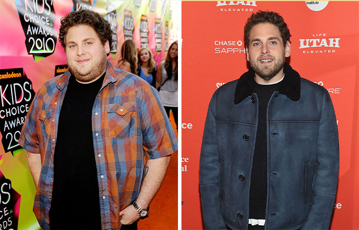 Jonah Hill debuting major transformation, pictured in casual outfits at two different events with noticeable weight change.